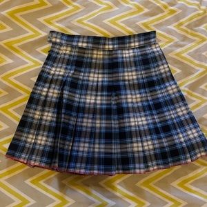 Los Angeles Apparel Blue Plaid Pleated School Girl Mini Skirt with pink hem
